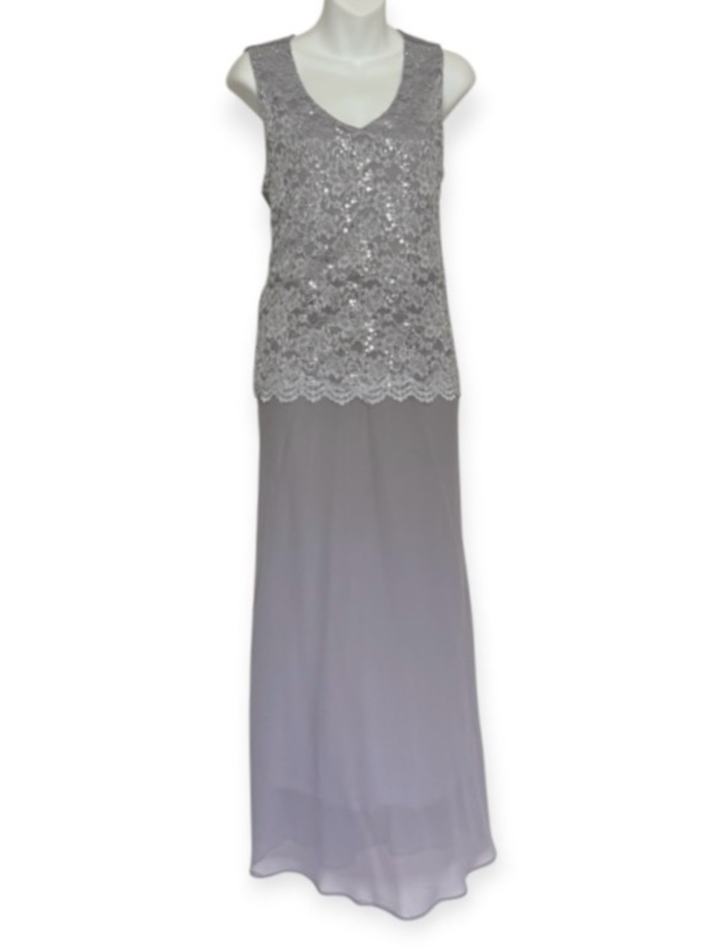 Ninalee U.S.A Silver Floral Sequin Lace Popover Gown Size Large